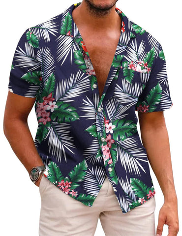 Runcati Mens Hawaiian Shirts Short Sleeve Button Down Cuban Palm Print Beach Tropical Holiday Shirt Navy Blue
