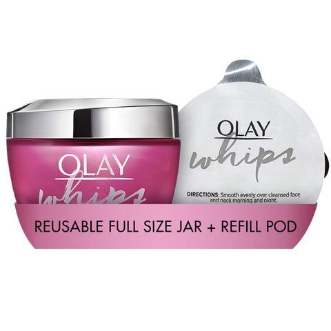 Olay 1st Ever Refillable Limited Edition Lightweight Moisturiser 100 ml, Reduces Plastic Waste By 94%. 1 Olay Whip Face Cream + 1 Refill Pod, 2 x 50 ml Each Pack Donates Â£5 To Young Womenâ€™s Trust 8001841816173