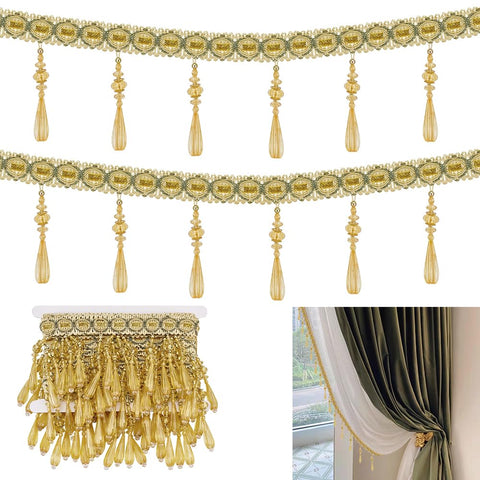 AHANDMAKER 6 Yards Braid Trim with Hanging Beads Hanging Ball Fringe Fabric Ribbon Trimming Sewing Edging Trim Braided Fabric Decorative Trim for Curtain Lampshade Costume Craft Home Decor