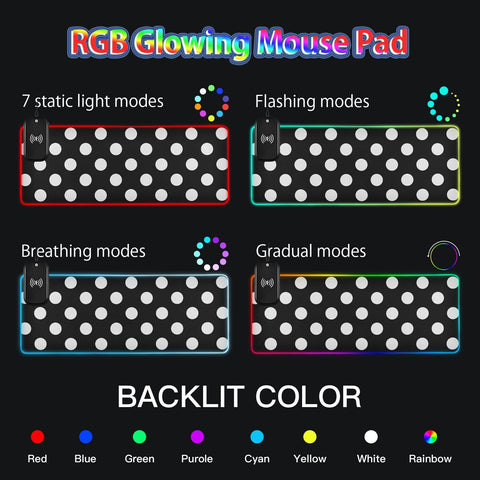 Black White Polka Dots Wireless Charging Mouse Pad for Mobile Phone Extra Large Gaming Mousepad with 13 Lighting Modes Mouse Mat for MacBook PC Laptop Desk Office Home Gaming