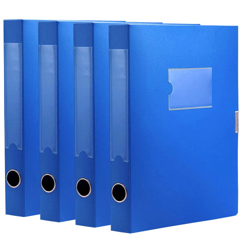 A4 Foldable Document Box Plastic Archive Cases with Lid, 31×24x4 cm (Pack of 4), File Folder Organizer Document Storage File Boxes for Office, School, Letter Size Paper (Blue)