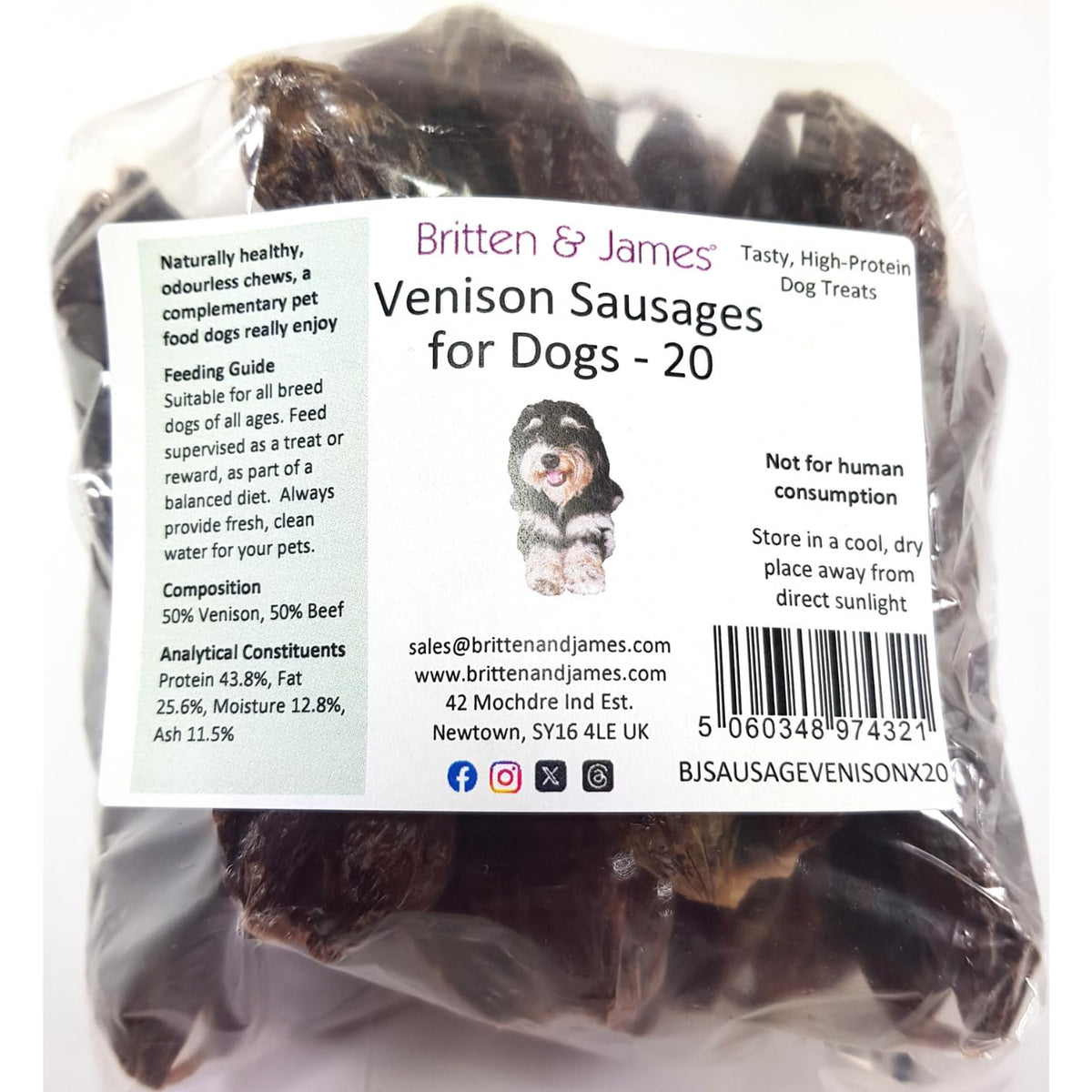 Britten and James 20 Premium Air Dried Venison + Beef Sausages for Dogs (11cm length). 100% Natural and Healthy High Protein Treat - Grain Free, Hypoallergenic and Odourless