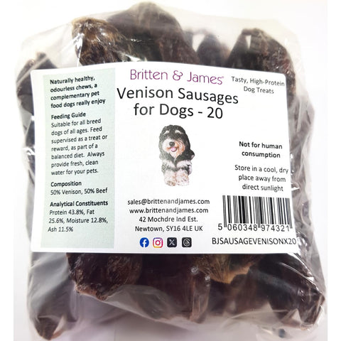 Britten and James 20 Premium Air Dried Venison + Beef Sausages for Dogs (11cm length). 100% Natural and Healthy High Protein Treat - Grain Free, Hypoallergenic and Odourless
