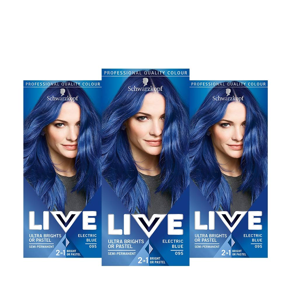 Schwarzkopf LIVE Ultra Bright or Pastel Blue Hair Dye, Pack of 3, Semi-Permanent Colour lasts up to 15 washes - 095 Electric Blue