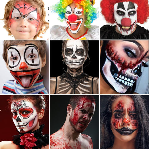 Halloween Killer Clown Makeup Kit - White Black Red Face Body Paint 0.59oz, Edible Fake Blood Gel 1.06oz, 3PCS Sponge, Brush, SFX Special Effect Makeup for Zombie Vampire Goth Joker Skeleton, Washable