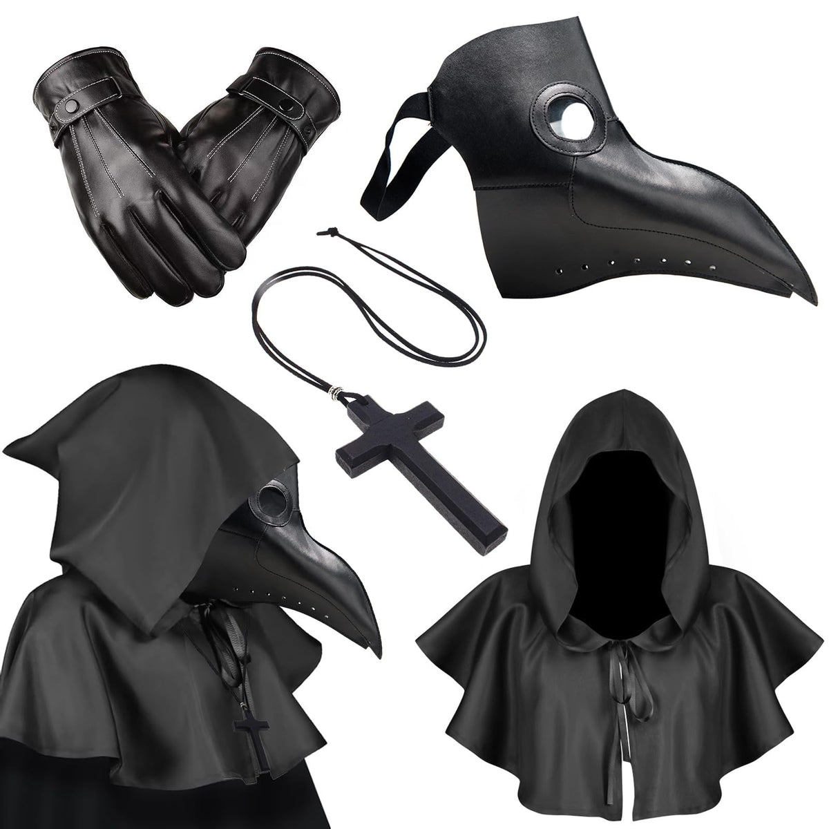 Plague Doctor Mask Halloween Black Long Nose Bird Beak Steampunk Leather Bird Mask Gothic Plague Doctor Costume Hooded Cloak Cross Necklace Gloves Halloween Props Costumes for Carnival Party Cosplay