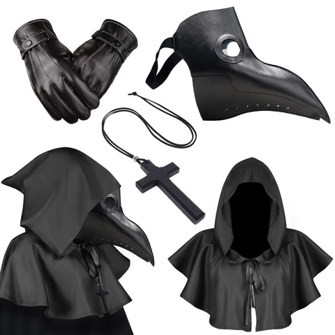 Plague Doctor Mask Halloween Black Long Nose Bird Beak Steampunk Leather Bird Mask Gothic Plague Doctor Costume Hooded Cloak Cross Necklace Gloves Halloween Props Costumes for Carnival Party Cosplay