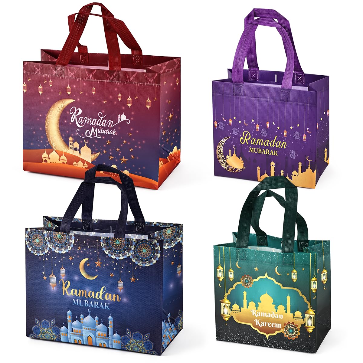 Aviski 4PCS Ramadan Mubarak Reusable Gift Bags, Assorted Sizes Treat Bags with Handles, Party Bags, Multifunctional Non-Woven Bags for Gifts Wrapping, Ramadan Kareem Party Supplies