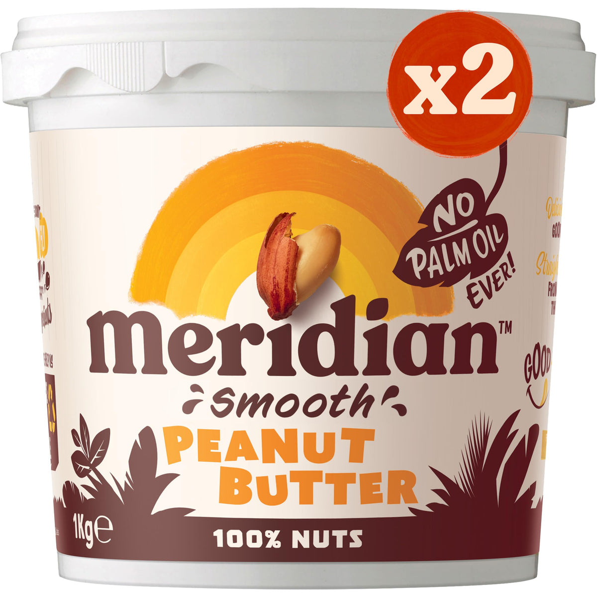 Meridian Smooth Peanut Butter 1kg Twin Pack (2 x 1kg Tubs) - Vegan, Free From Palm Oil, Made With 100% Nuts, No added Sugars, Salts or Sweeteners