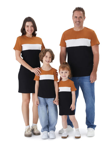 PATPAT Family Matching Outfits Mommy and Me Dresses Matching Set with Baby Short Sleeve Casual T-Shirt Colorblock Bodycon Midi Dress Yellow Brown Rompers Bodysuits for Baby 3-6 Months
