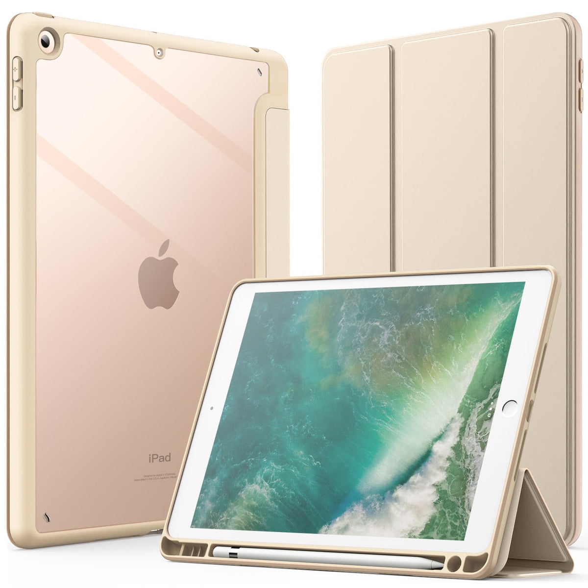 JETech Case for iPad 9.7-Inch (6th/5th Generation, 2018/2017) with Pencil Holder, Clear Transparent Back Shell Slim Stand Shockproof Tablet Cover, Auto Wake/Sleep (Gold)