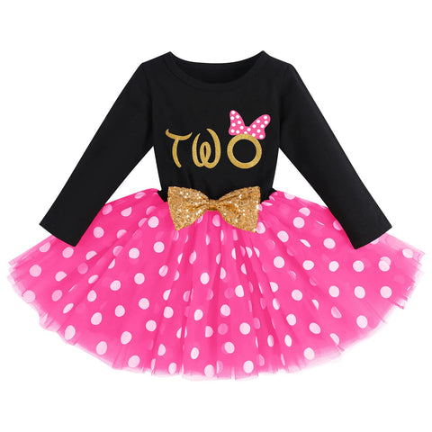 FYMNSI Baby Toddler Girl My 1st 2nd 3rd Birthday Dress Cotton Long Sleeve Tulle Dress A-line Princess Party Dresses Photo Shooting Costume, Schwarz + Rose - Two, 2 Years
