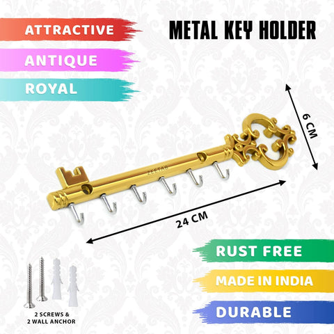 Zeetab Metal Royal Key Holder & Hanger with 6 Hooks | Rajwadi Wall Mount Key Stand | Home Decor Gift (24x6cm) (Gold)