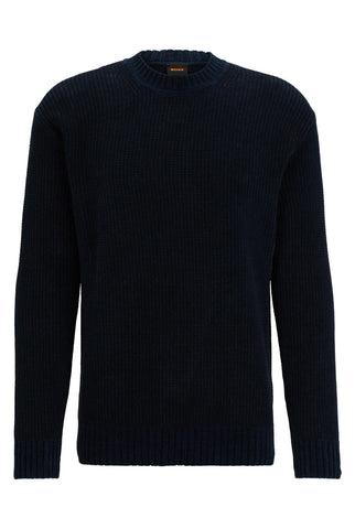 BOSS Mens Korduroy Crew-Neck Sweater in Ribbed Cotton Blue
