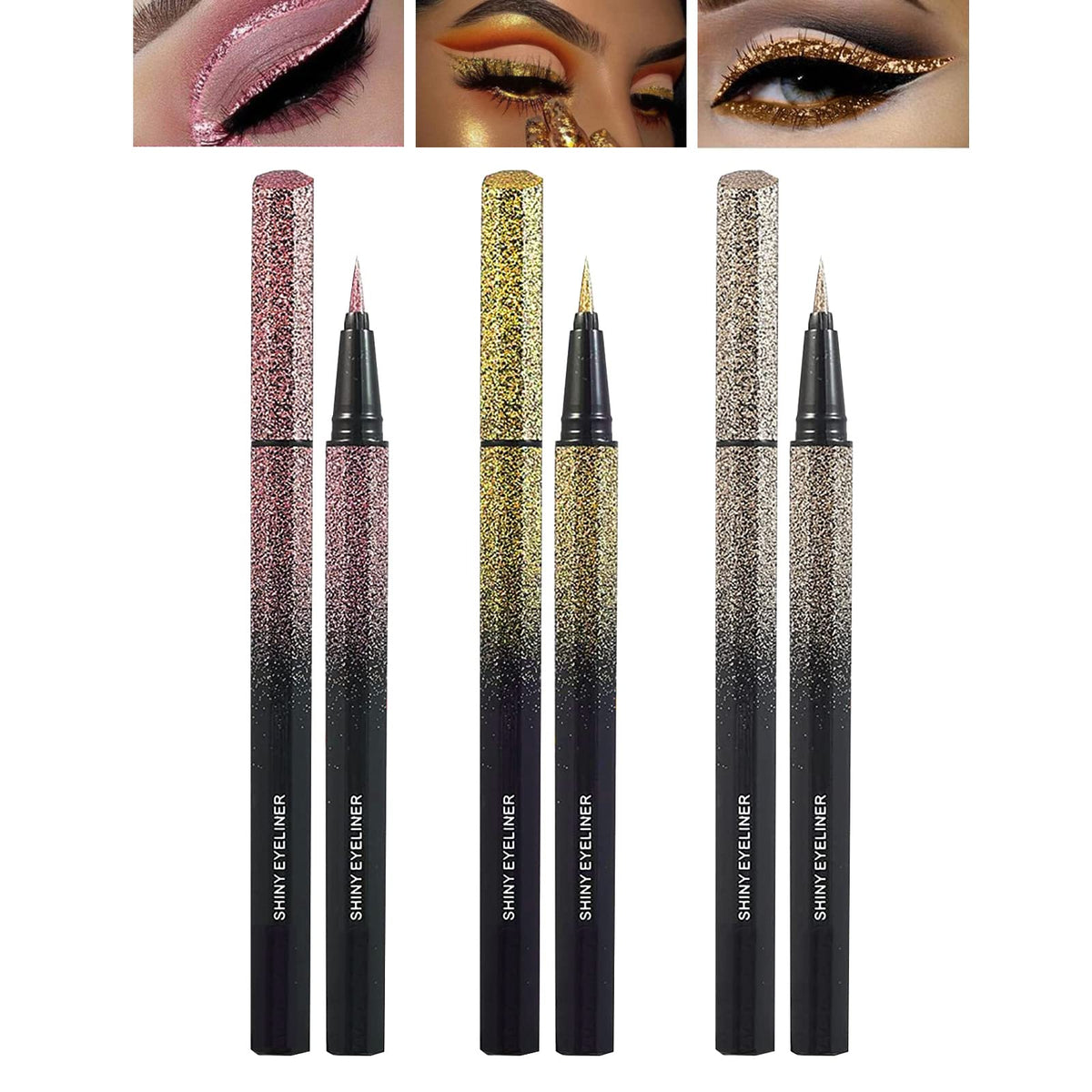 POPMISOLER 3 Colors Liquid Glitter Eyeliner Pen Set, Shimmer Metallic Eyeliner Color Eyeliner Long Lasting Waterproof Eyeliner Eye Makeup Set Eye Liners for Women Girls