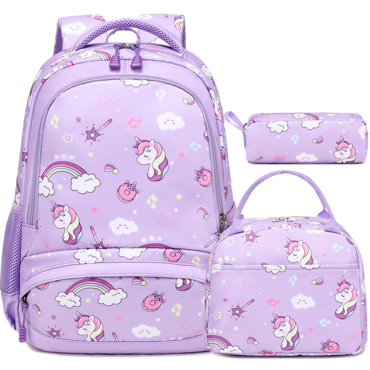 Unicorn Backpack Set for Girls, 3PCS Purple Unicorn Backpack with Lunch Bag Pencil Case for School Girls, Large Capacity Girls School Bookbag with Reflective Straps for Kindergarten Elementary