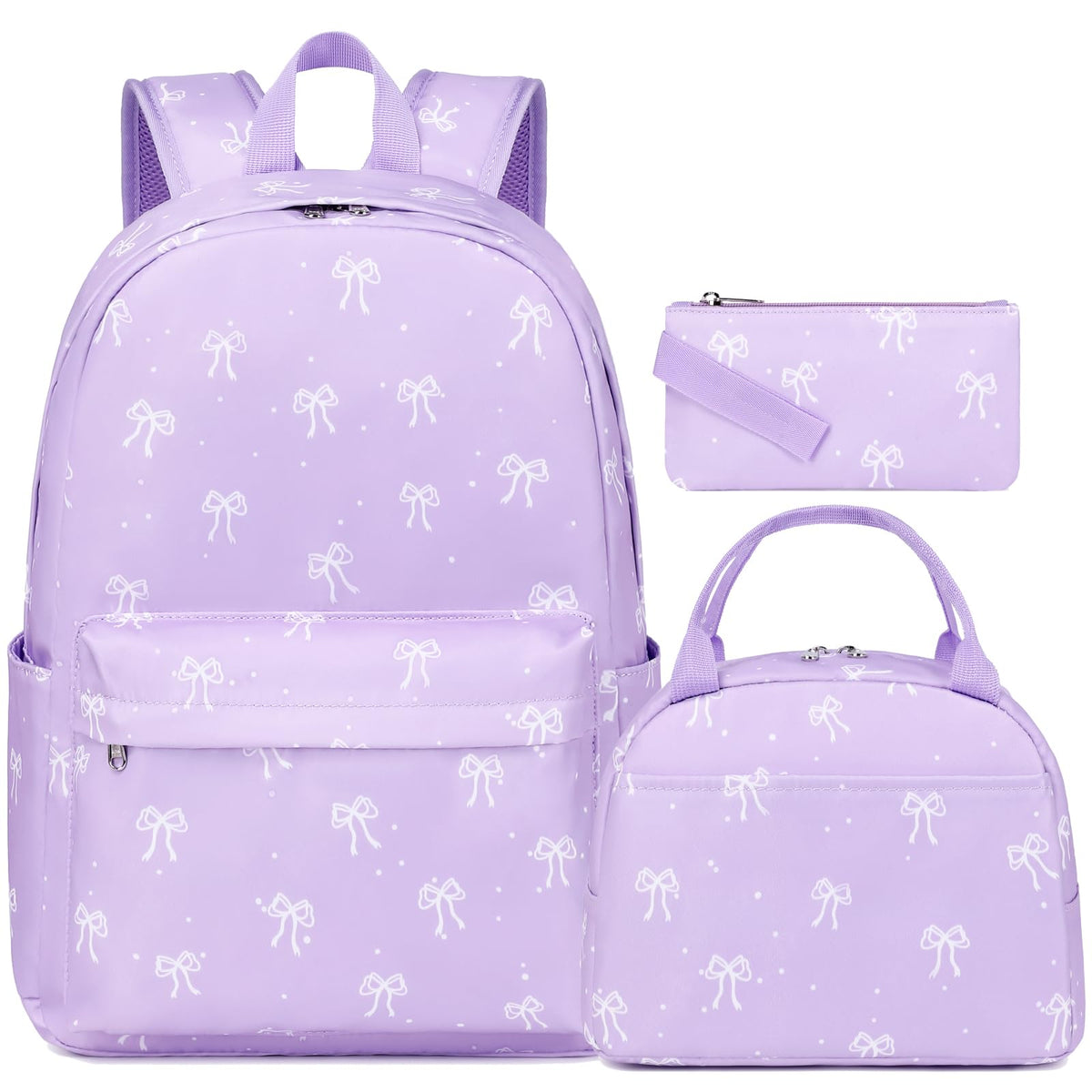 Kimwadalh Bow Backpack for Girls, 3 in 1 Purple Girls Backpack with Lunch Bag Pencil Case for School, Large Capacity Girls Schoolbag for Preschool Middle Teen Girls