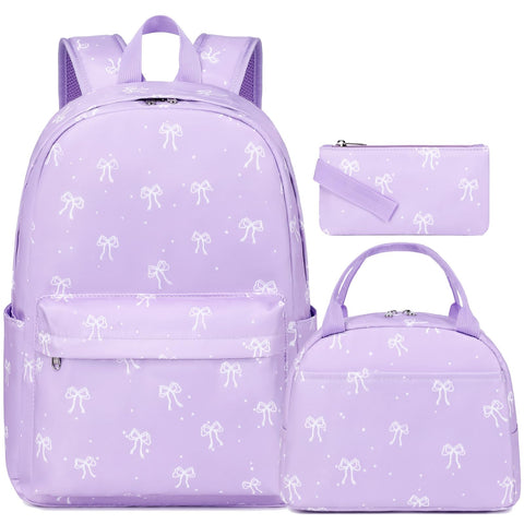 Kimwadalh Bow Backpack for Girls, 3 in 1 Purple Girls Backpack with Lunch Bag Pencil Case for School, Large Capacity Girls Schoolbag for Preschool Middle Teen Girls