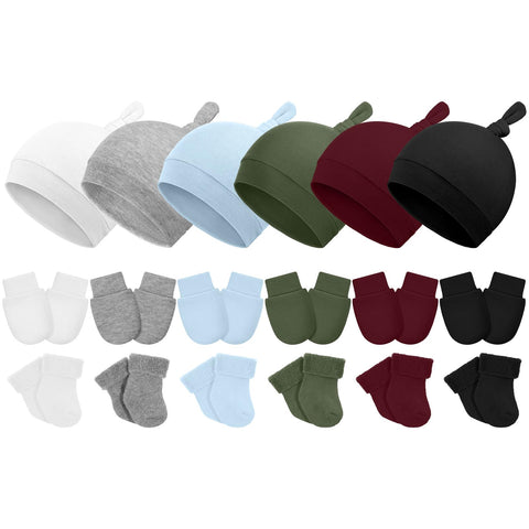 Cutecrop 6 Pcs Preemie Hats Mittens and Socks Set Cotton Preemie Cap Preemie Knotted Hat No Scratch Preemie Mittens Warm Terry Socks for Preemie Boys Girls (Dark Color)