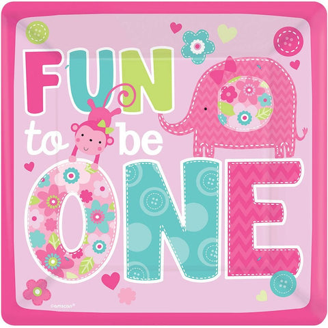 One Wild Girl 1st Birthday Square Plates, 8 Pieces, Made from Paper, One Wild Girl/Pink Theme Party, 10" by Amscan