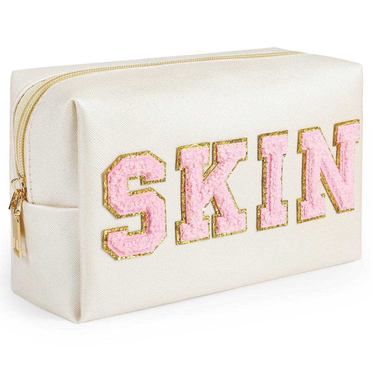 GINOYA Preppy Patch Makeup Bag, Birthday Gift for Girl, Travel Bag with Skin Chenille Letter for Purse Diaper Toiletry Bag (Synthetic Leather)