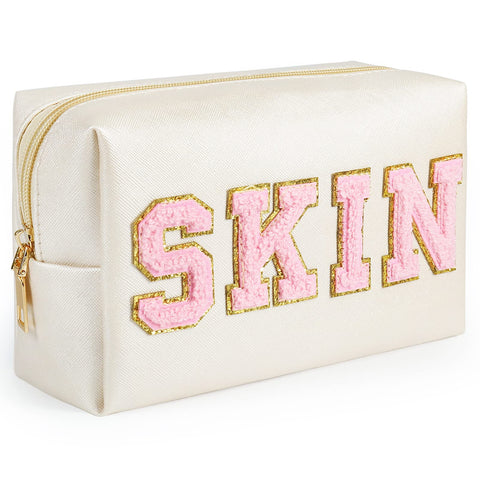 GINOYA Preppy Patch Makeup Bag, Birthday Gift for Girl, Travel Bag with Skin Chenille Letter for Purse Diaper Toiletry Bag (Synthetic Leather)