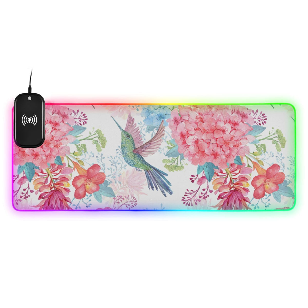 Flowers Birds Wireless Charging Mouse Pad for Mobile Phone Extra Large Gaming Mousepad with 13 Lighting Modes Mouse Mat for Gaming MacBook PC Laptop Desk Home Office