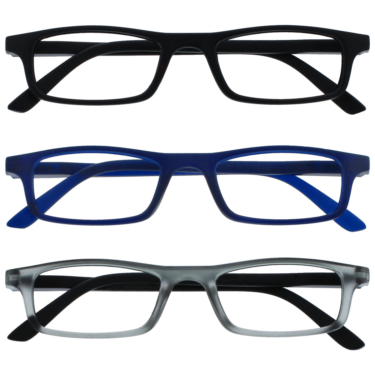 OPULIZE Ted Reading Glasses 3 Pack Narrow Matt Lightweight Frame Black Navy Blue Transparent Grey Spring Hinges Scratch Resistant Mens Womens RRR17-137 +1.00