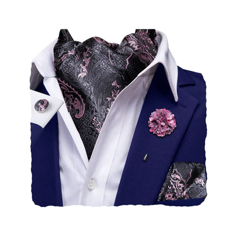 Hi-Tie Men's Cravat And Flower Lapel Pin Set Jacquard Silk Ascot Handkerchief Cufflinks For Wedding Party Daily Dress,Black Pink