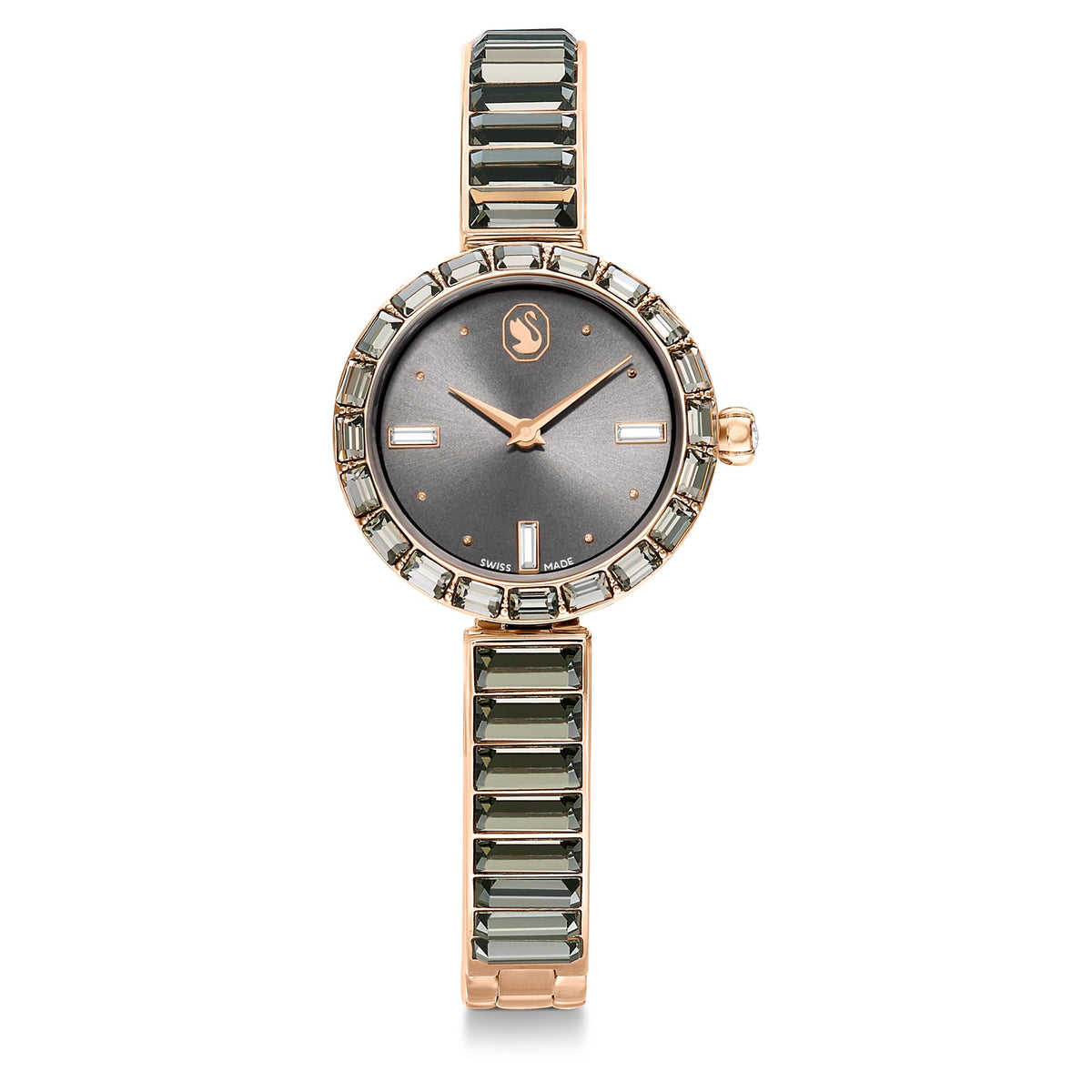 Swarovski Matrix Bangle Watch, Water-Resistant Swiss-Made Bracelet Wristwatch with Grey Baguette-Cut Crystals in a Rose Gold-Tone Finish, Part of The Matrix Collection