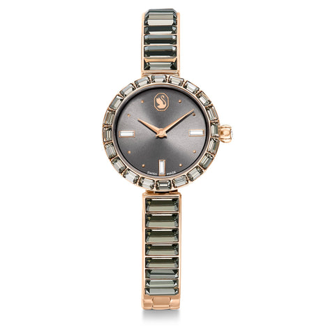 Swarovski Matrix Bangle Watch, Water-Resistant Swiss-Made Bracelet Wristwatch with Grey Baguette-Cut Crystals in a Rose Gold-Tone Finish, Part of The Matrix Collection