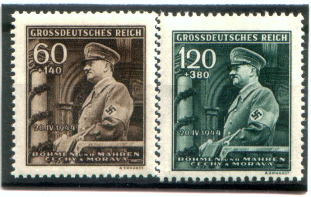 2 RARE ORIGINAL WW2 NAZI-OCCUPIED MORAVIA STAMPS w HITLER in UNFORM SPEAKING AT PRAGUE CATHEDRAL! MINT CONDITION