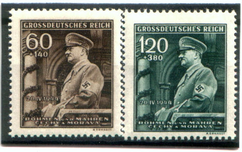2 RARE ORIGINAL WW2 NAZI-OCCUPIED MORAVIA STAMPS w HITLER in UNFORM SPEAKING AT PRAGUE CATHEDRAL! MINT CONDITION