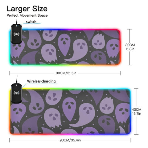 Ghost Skull Happy Halloween Wireless Charging Mouse Pad for Mobile Phone Extra Large Gaming Mousepad with 13 Lighting Modes Mouse Mat for Gaming MacBook PC Laptop Desk Office Home