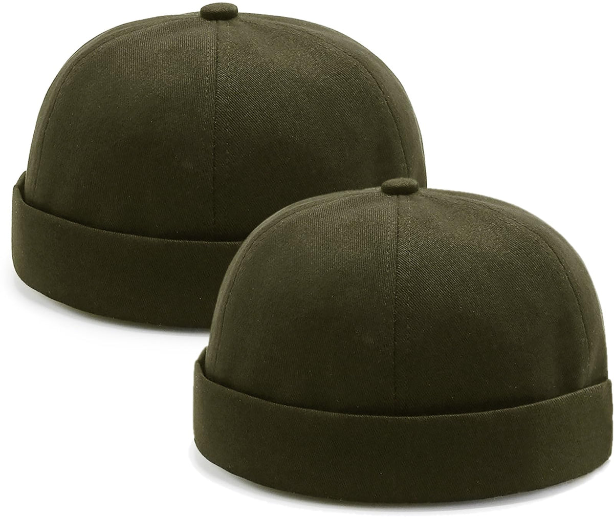 2 Pcs Mens Army Green Docker Cap Brimless Hat Skull Cap Worker Sailor Cap Rolled Cuff Retro Beanie