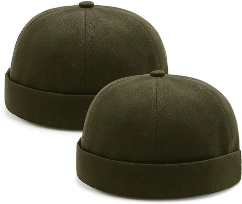 2 Pcs Mens Army Green Docker Cap Brimless Hat Skull Cap Worker Sailor Cap Rolled Cuff Retro Beanie
