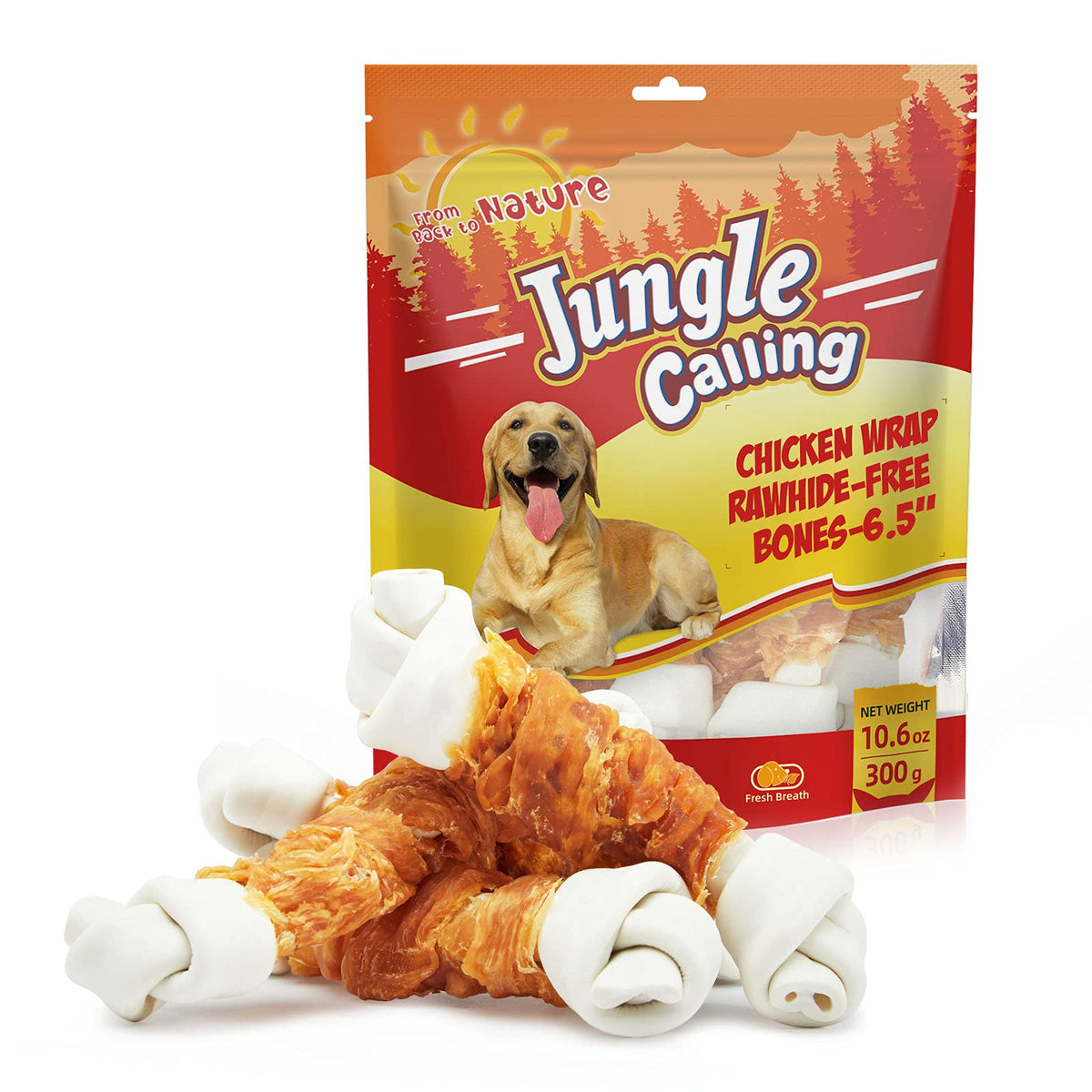 Jungle Calling Rawhide Free Dog Bones, 6.5" Real Chicken Wrapped Dog Chew Bones for Medium and Large Dogs Training Treats
