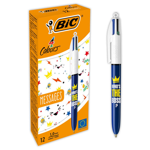 Bic 4 Colours Messages Ballpoint Pens Medium Point (1mm) - Who's The Boss Design, Box of 12