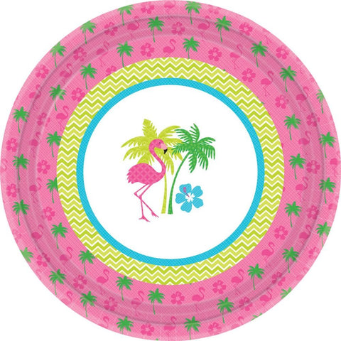 Amscan Sun-Sational Summer Luau Party Flamingo Fun Round Plates (8 Pack), Multi Color, 10.5 x 10.5"