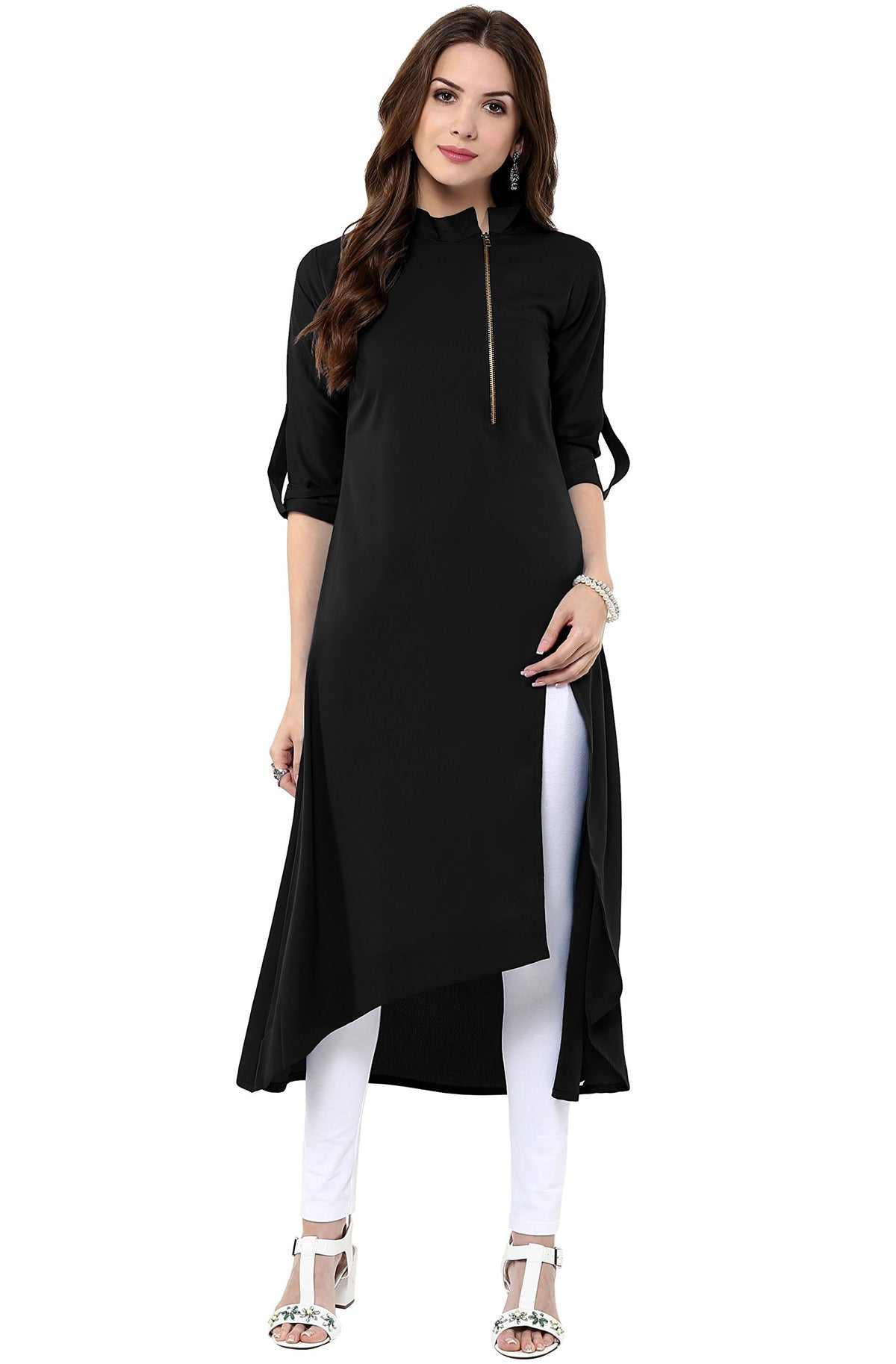 Janasya Women's Crepe Kurti Tunic Tops, BLACK, X - Large