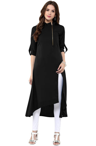 Janasya Women's Crepe Kurti Tunic Tops, BLACK, X - Large