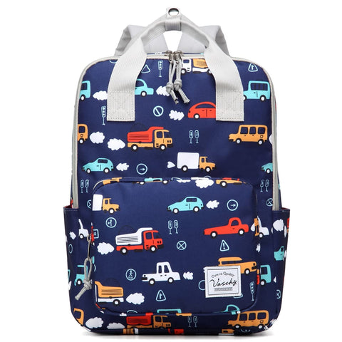 VASCHY School Backpack for Boys, 12L School Bags for Kids 4-6 Years Toddler Backpack Water Resistant Children's Rucksack with Chest Strap and Bottle Pockets for Elementary School(Vehicles)