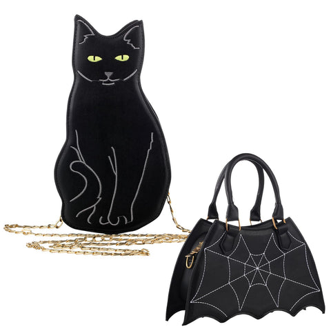 Yeyeplum 2 Pcs Halloween Purse Bat Spider Web Crossbody Handbag Black Cat Purse Crossbody Bags for Women, Main Black