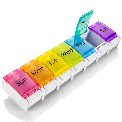 7 Day Pill Organizer - with Push Button Assisted Open a Daily Travel Pill Box Case Planner and Large Compartments for Medication Vitamins Fish Oil & Supplements, BPA Free