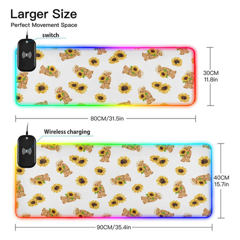 Cute Bears Beautiful Sunflowers Wireless Charging Mouse Pad for Mobile Phone Extra Large Gaming Mousepad with 13 Lighting Modes Computer Mat for MacBook PC Laptop Desk Office Home Gaming