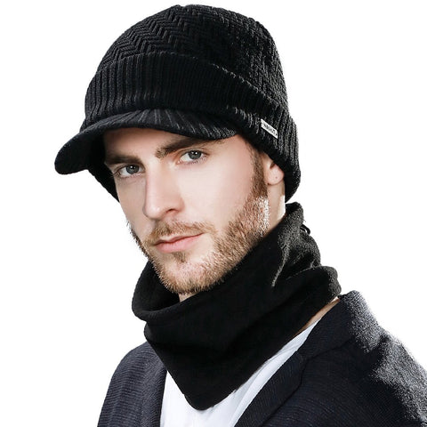 Winter Peaked Beanie Hat Men Wool Knitted Wooly Hats with Peak Visor Warm Golf Hats & Thermal Snood Fleece Neck Warmer for Ski Walking Black L