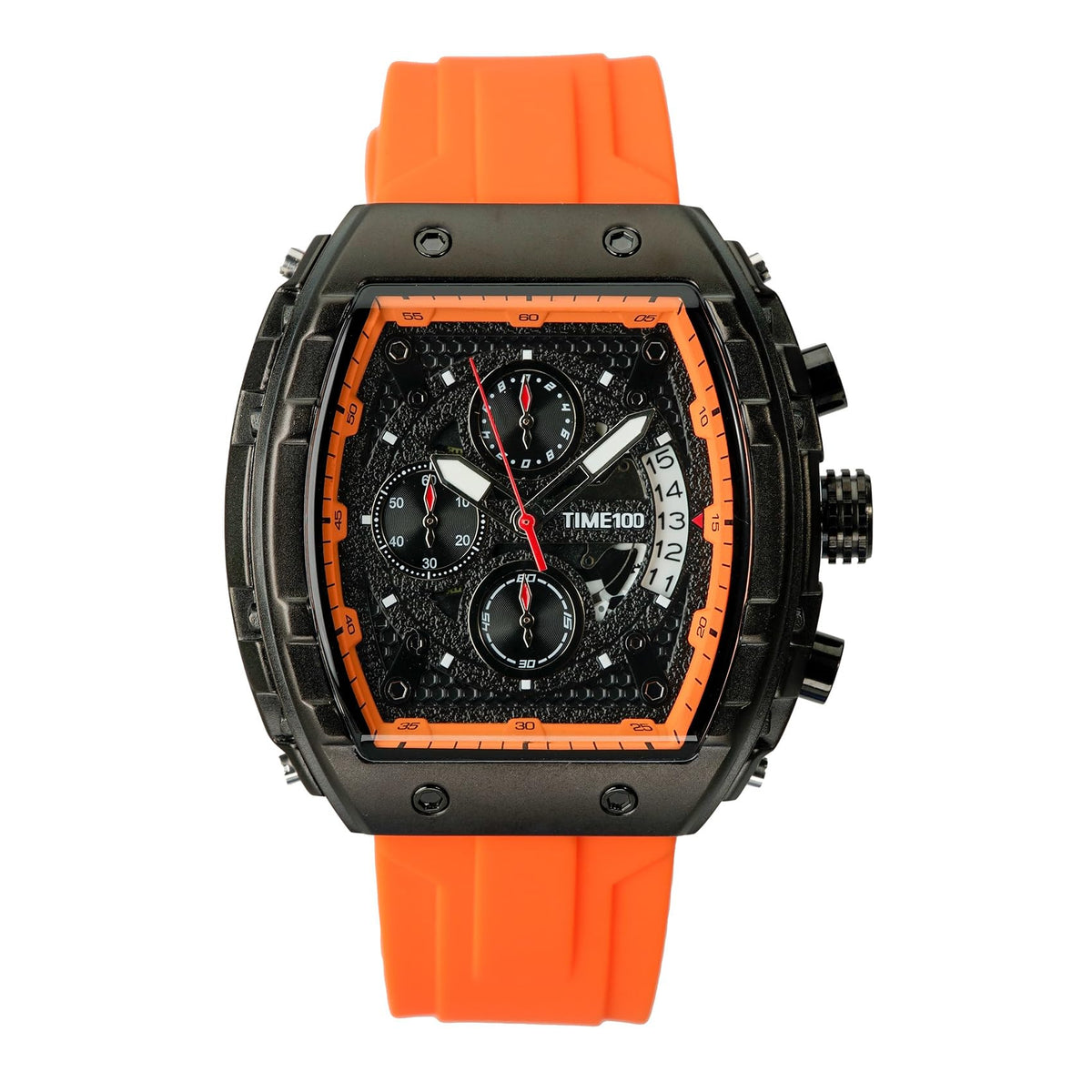 TIME100 Watch for Men Chronograph Calendar Square Face Luminous Punk Style Multifunctional Sub-dial Men's Skeleton Tonneau Watch Adjustable Silicone Strap