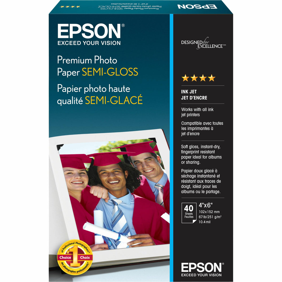 Epson Premium Semigloss Photo Paper, 7 Mil, 4 X 6, Semi-Gloss White, 40/Pack
