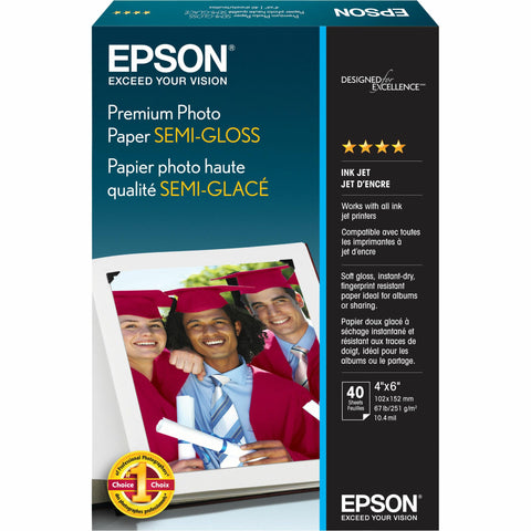 Epson Premium Semigloss Photo Paper, 7 Mil, 4 X 6, Semi-Gloss White, 40/Pack