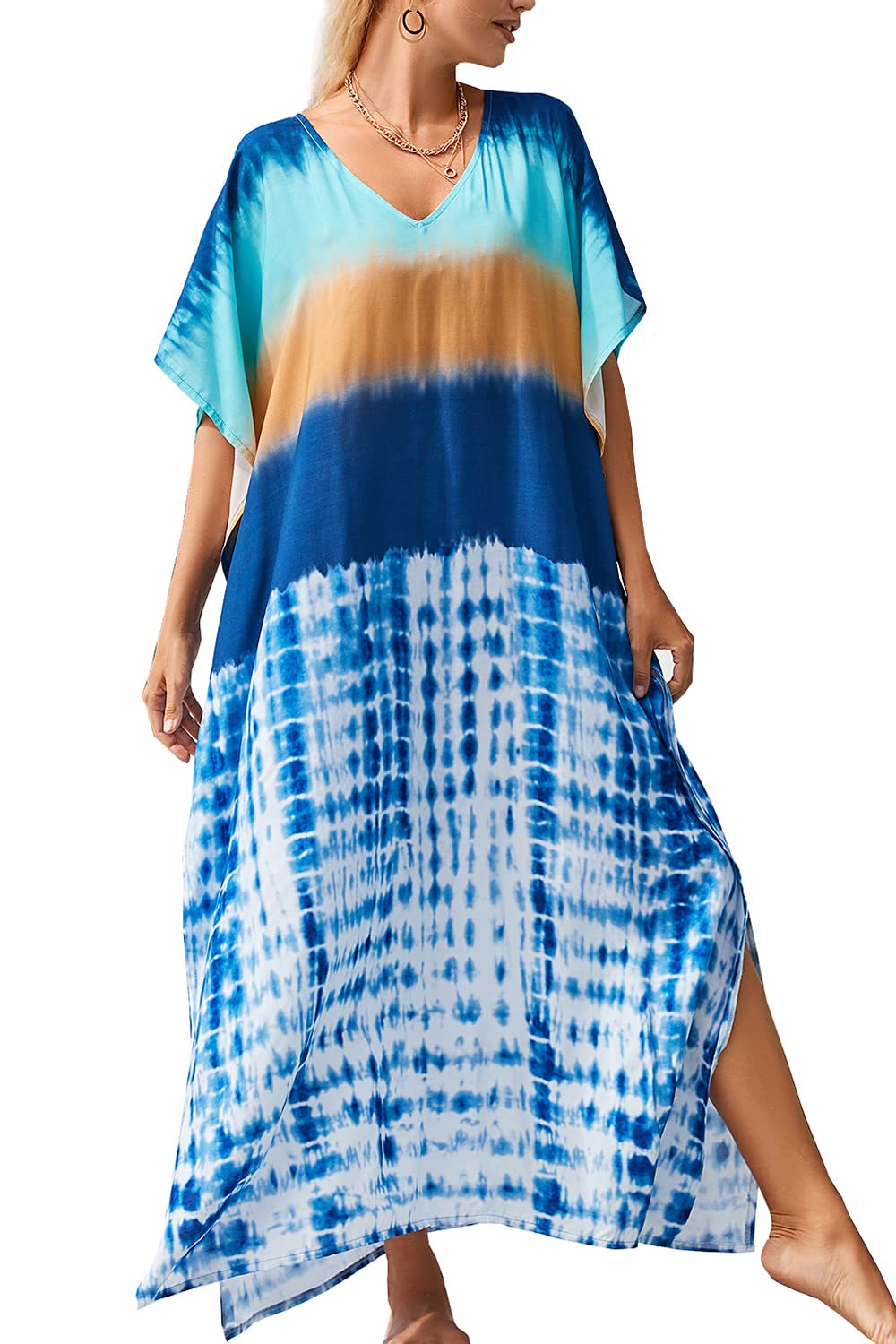 YouKD Maxi Dress V-Neck Kaftan Boho Robes Beach Cover-ups Dress Roomy Gowns for Women A Blue
